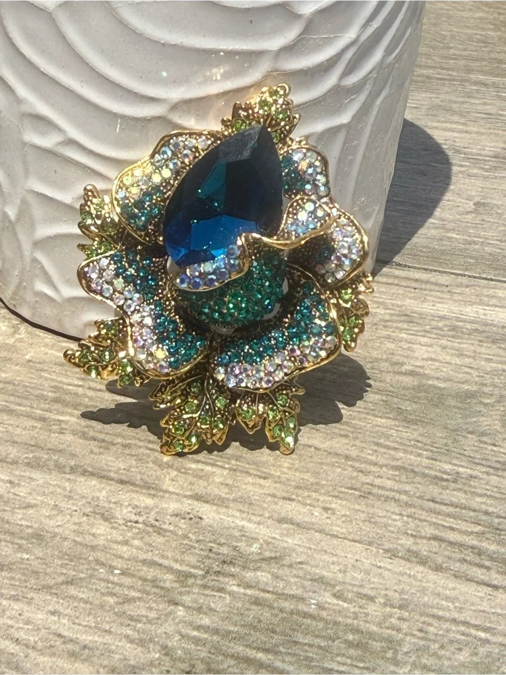 NWT Gold-Tone Floral Rose Statement Brooch with Blue Teardrop Crystal or Pendant
